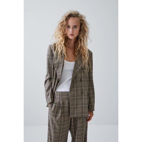 ZARA Brown Pink Check Double Breasted Oversized Blazer Suit Jacket, Size M - Picture 14 of 16